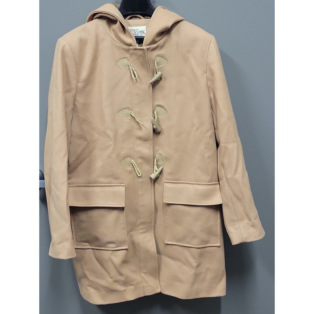 New York Classics Vintage Womens Tan Wool Blend Hooded Duffle Toggle Coat L